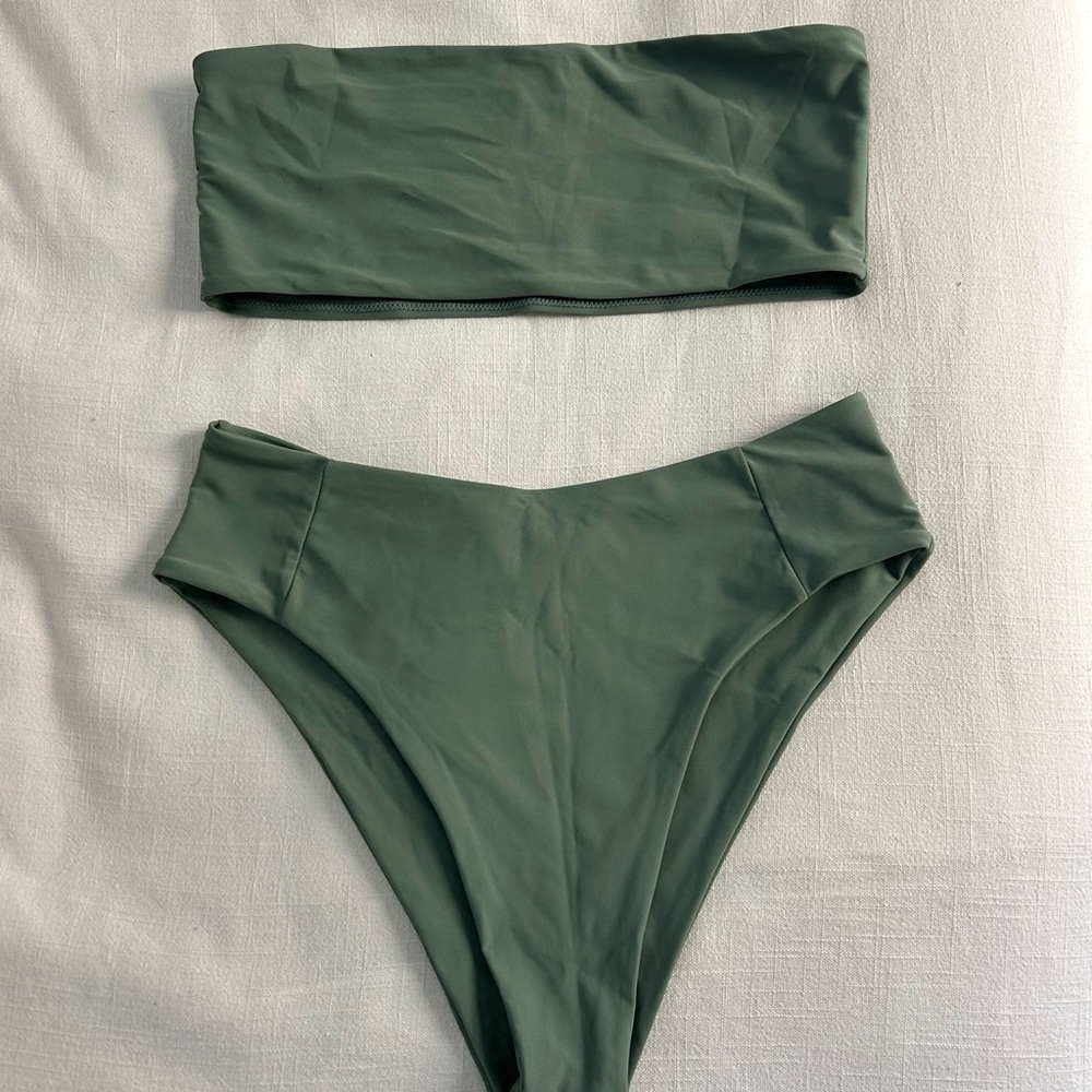 Strapless Bandeau High-Waist Bikini Set - Olive Green